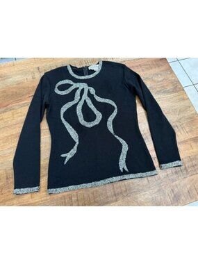 Vintage Saks Fifth Avenue Beaded Bow Sweater Black 100% Wool Womens Size 6 see